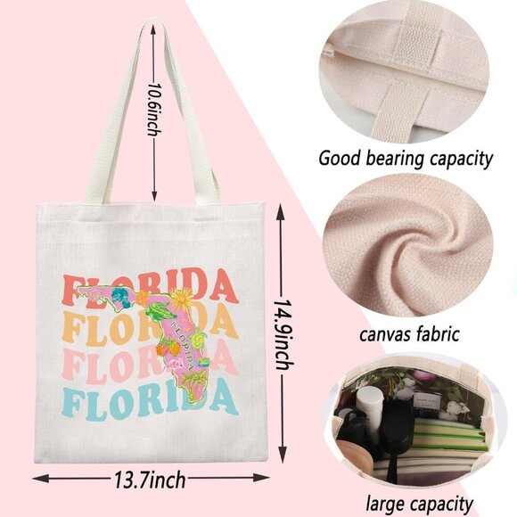 Florida State Map Tote Canvas Large Capacity Reusable Travel Shopping Bag - Picture 2 of 6